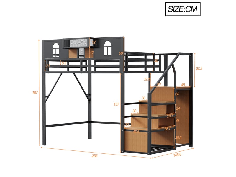  Lit mezzanine enfant 140x200 cm, avec échelle de rangement, fenêtres, garde-corps haut, cadre métal, noir, sans matelas  - Conforama C