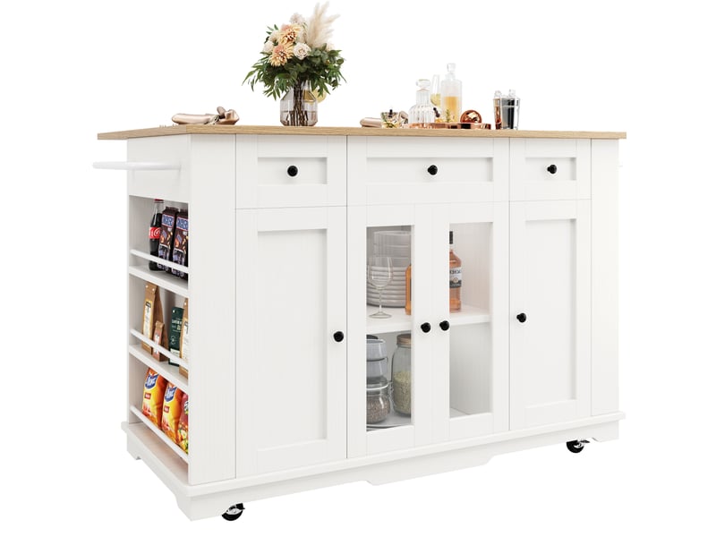  Desserte 151,5x60x91,7 cm, îlot de cuisine, 3 tiroirs, 4 portes, pour cuisine, en mdf et verre trempé, blanc et bois  - Conforama E