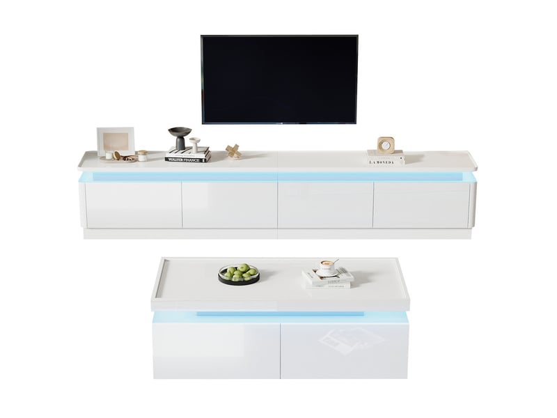  Ensemble meuble tv et table basse, esprit moderne et épuré, led intégrée, 4 tiroirs, laqué blanc brillant  - Conforama A