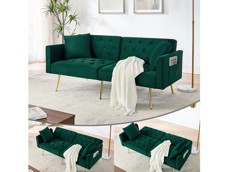  Canapé droit 2 places avec dossier réglable 3 positions et 2 coussins, pieds en métal, en velours vert  - Conforama C