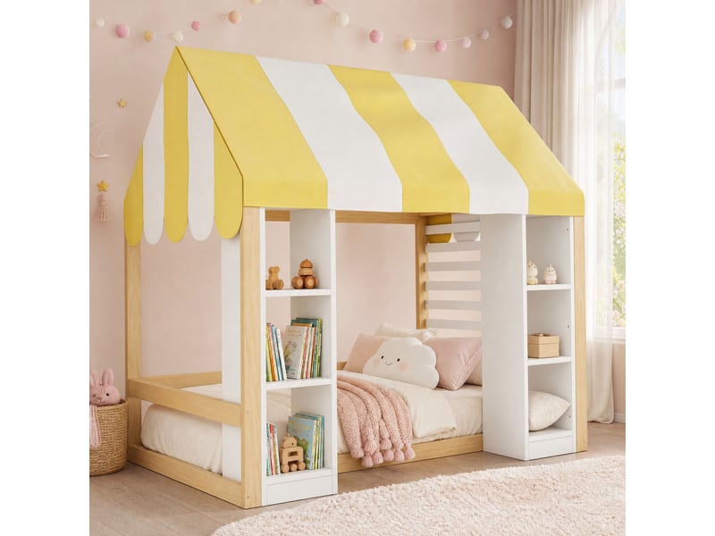  Lit enfant 90 × 200 cm avec ciel de lit et 2 rangements ouverts, sans matelas, en bois et mdf, blanc naturel  - Conforama B