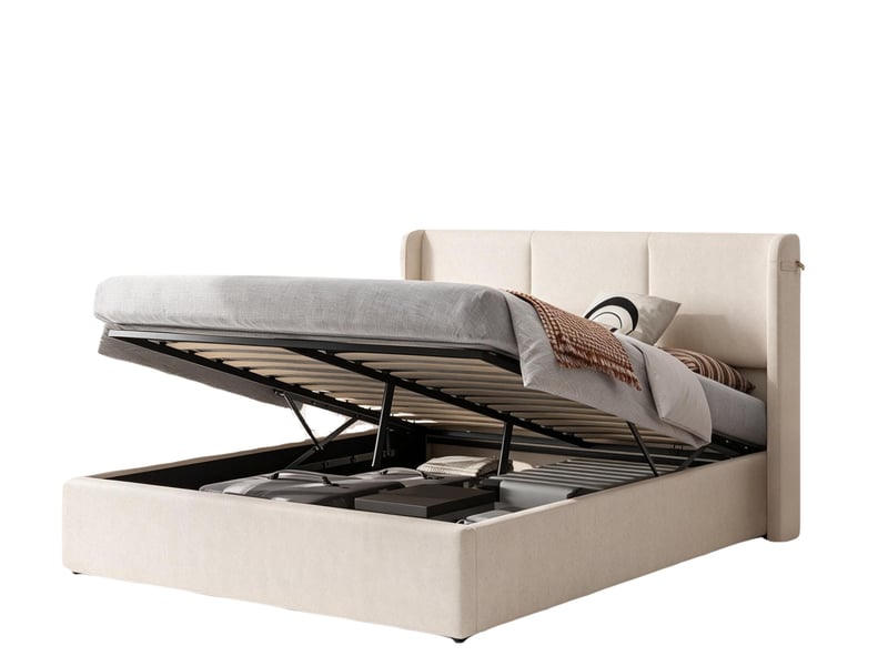  Lit 2 places 140×190 cm – lit coffre –  dossier capitonné - sommier à lattes – lin beige  - Conforama A