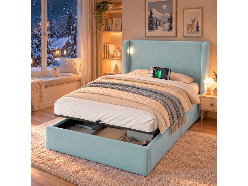 Lit coffre enfant en velours 90x200 cm avec rangement hydraulique, sommier à lattes, tête de lit et éclairage led, avec ports usb et usb-c - bleu - Conforama B