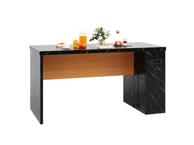  Îlot de cuisine 155x80x90cm avec éclairage led intégré et prises, plan de travail 40mm, couleur noir et naturel  - Conforama W