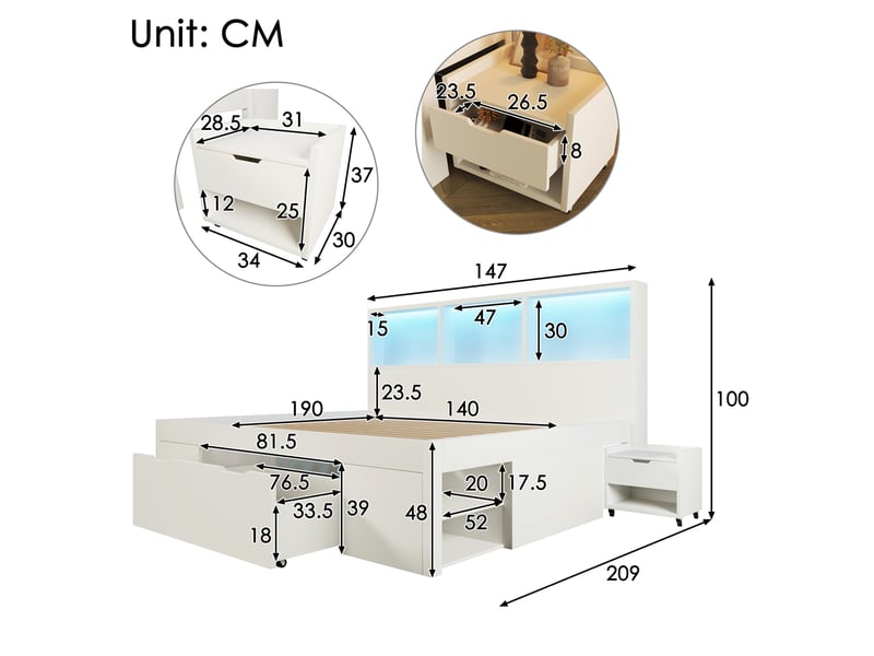 Lit 140 x 190 cm blanc avec rangement, led et 2 tables de chevet mobiles - Conforama E