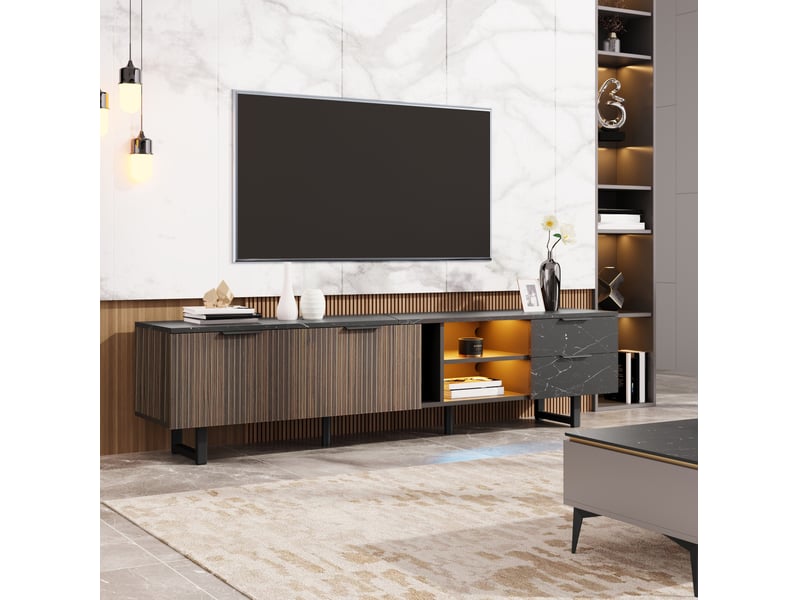  Meuble tv modenvie 200 x 38 x 50 cm avec led multicolore contrôlable par application noir et bois  - Conforama D