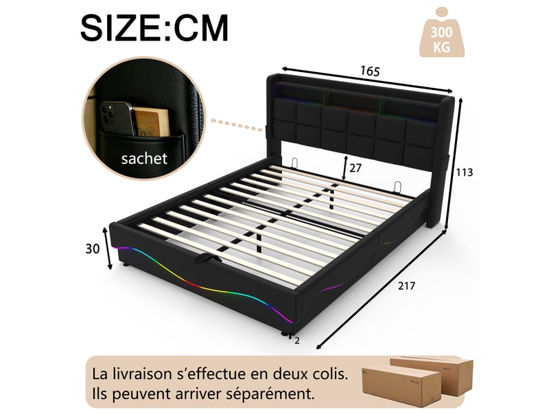  Lit coffre 160x200 cm noir avec rangement, led, ports usb+type-c sans matelas EBD854Q-BK - Conforama D