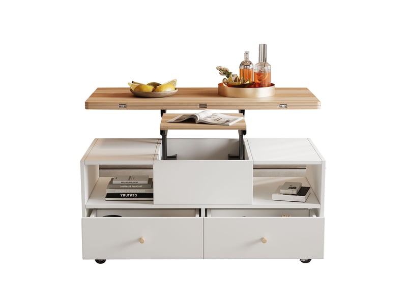  Table basse relevable extensible avec 4 tiroirs et roulettes – mdf blanc et décor bois – 100 x 50 x 47,5 cm  - Conforama A