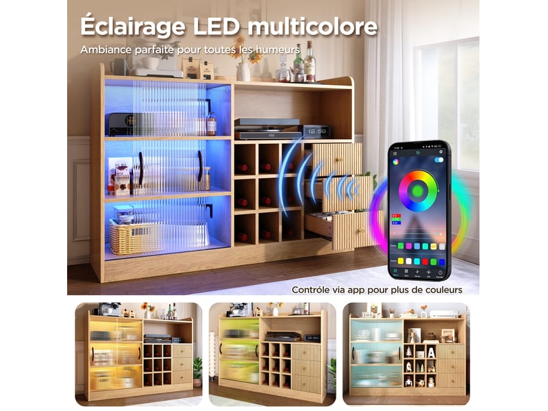  Buffet bas de rangement 120x30x85 cm, avec porte-bouteilles et éclairage led, panneau de particules bois, style épuré  - Conforama E