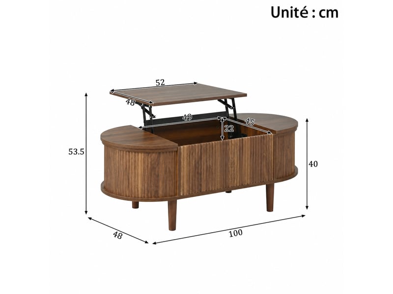  Table basse ovale relevable vintage avec rangement – noyer – 100 x 48 x 53,5 cm  - Conforama D