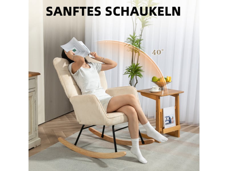 Fauteuil à bascule beige en tissu côtelé, accoudoirs et patins en bois, relax pour salon et chambre  - Conforama B