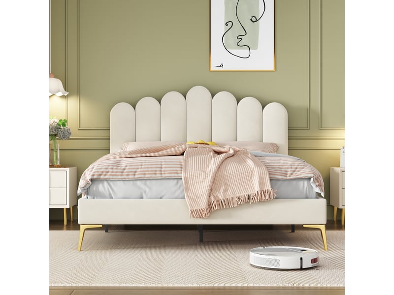  Lit capitonné 140 x 200 cm beige avec tête de lit réglable et sommier à lattes, velours doux  - Conforama D