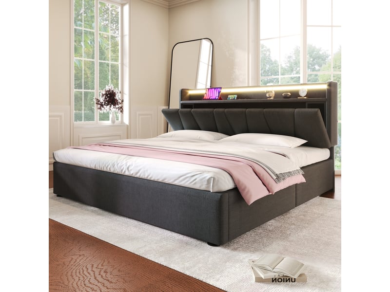 Lit coffre gris 160x200 cm avec tête de lit de rangement, led, ports usb, coffre intégré et matelas inclus - Conforama C