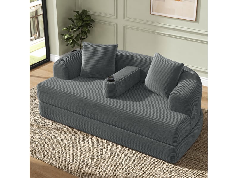  Canapé de sol convertible 2 places modenvie en velours côtelé gris foncé 184 x 176 x 47 cm avec accoudoir amovible et porte-gobelet  - Conforama B