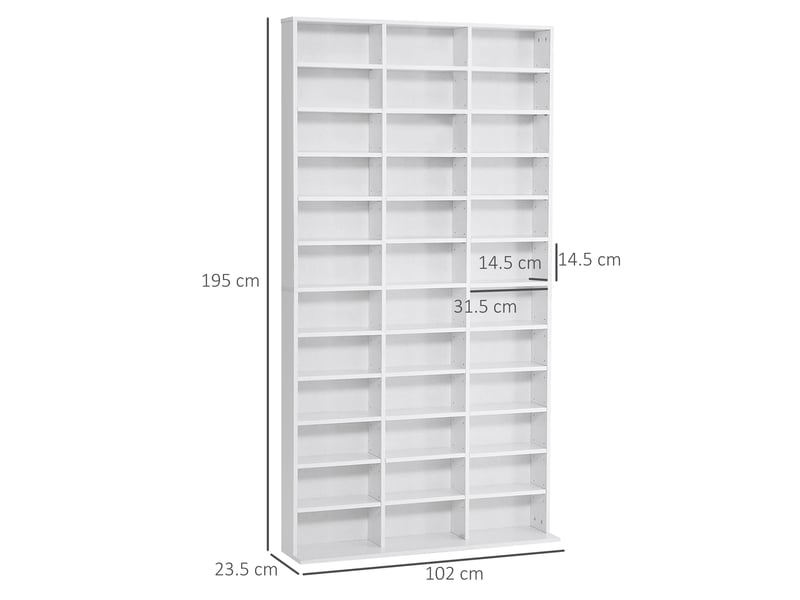  Bibliothèque cd en bois à 3 colonnes et 12 étagères réglables, 102 x 23,5 x 195 cm, blanche  - Conforama E