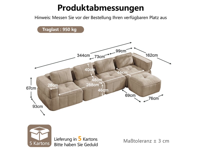 Canapé compressé d'angle modulable 4 places avec pouf, en polyester beige sable - Conforama C
