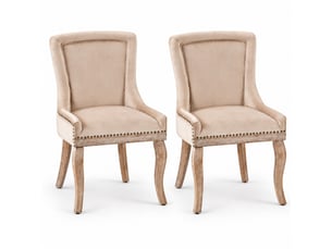 Lot de 2 chaises de salle à manger beige en velours, dossier capitonné, pieds en bois massif
