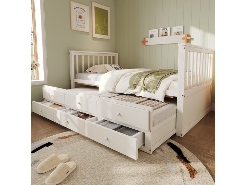  Lit enfant 90x200cm(90x190cm) avec lit gigogne, 3 tiroirs, sans matelas, blanc, pin  - Conforama C