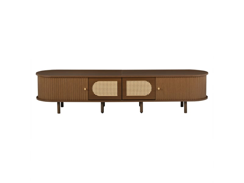 Meuble tv rétro ovale effet noyer foncé 2 portes coulissantes 2 portes battantes avec rotin 180x40x40 cm  - Conforama A