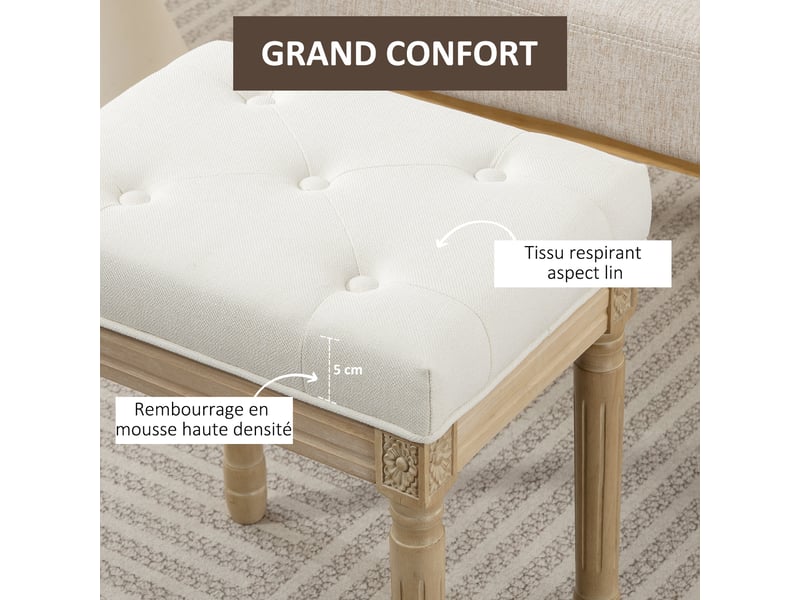  Repose pied salon, ottoman, siège rembourré en tissu aspect lin avec pieds en bois d'hévéa, beige, 42 x 32 x 46,5 cm  - Conforama A