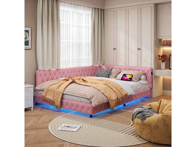 Lit 140x200 cm avec led et usb,canapé lit d'angle, lit fille 140x200 ,lit adulte avec sommier à lattes, teddy velvet,rose - Conforama E