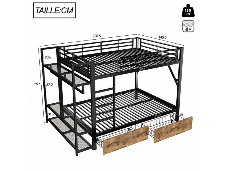  Lit superposé 90x200 cm et 140x200 cm en bois, lit avec tiroirs et échelle à rangement, sans matelas, blanc  - Conforama D