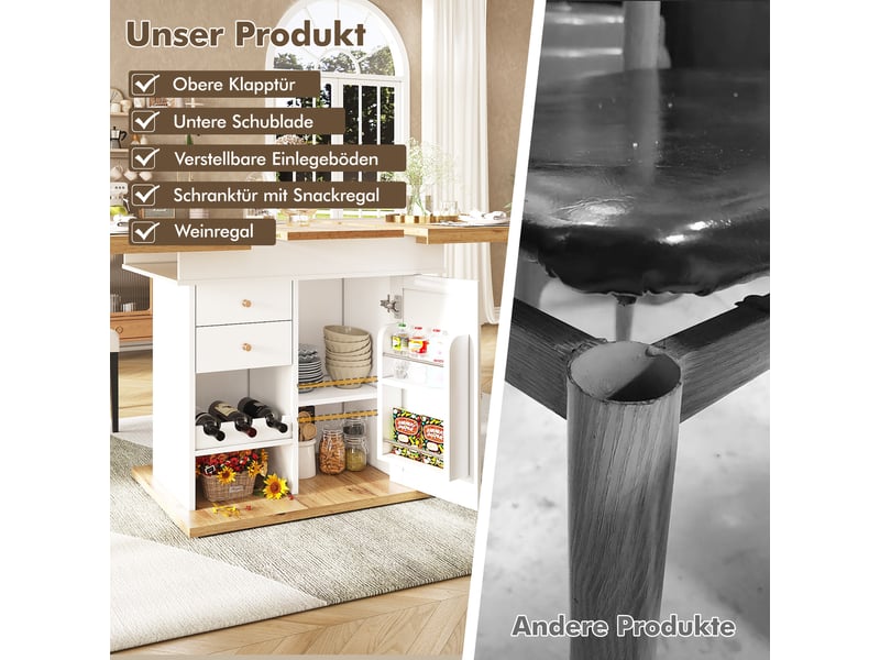 Table à manger extensible, table de cuisine avec rangements intégrés, plateau extensible, range-bouteilles, dimensions 110 à 140 x 80 cm, mdf, blanc  - Conforama E