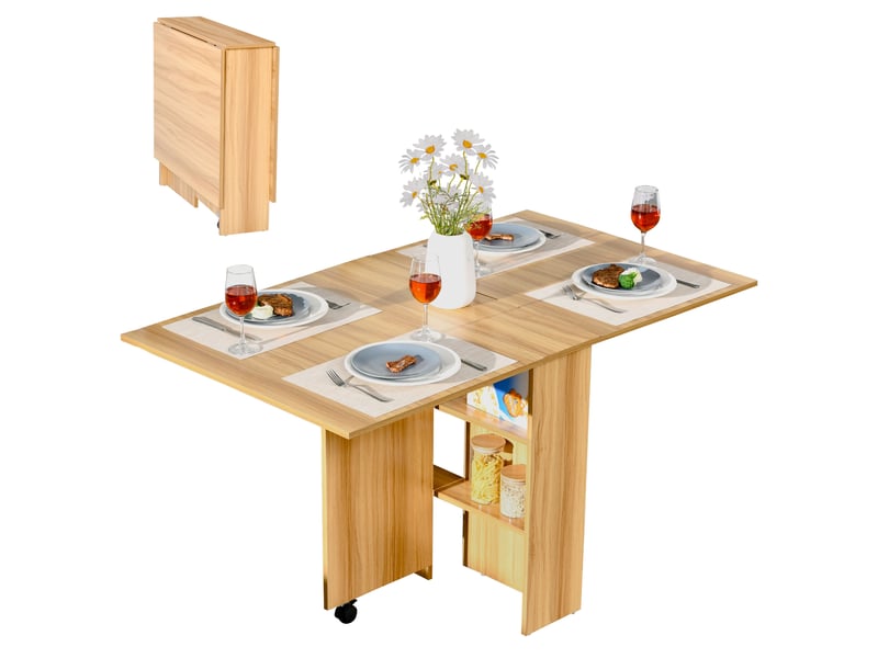 Table de salle à manger pliante à roulettes, table d'appoint multifonctionnelle avec abattants et étagères, 140 x 80 x 74 cm, bois - Conforama A