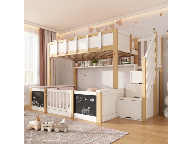 Lit superposé 90 × 200 cm et 140 × 200 cm 3 places, escalier rangement, tableau noir et porte sécurisée, sans matelas - Conforama C
