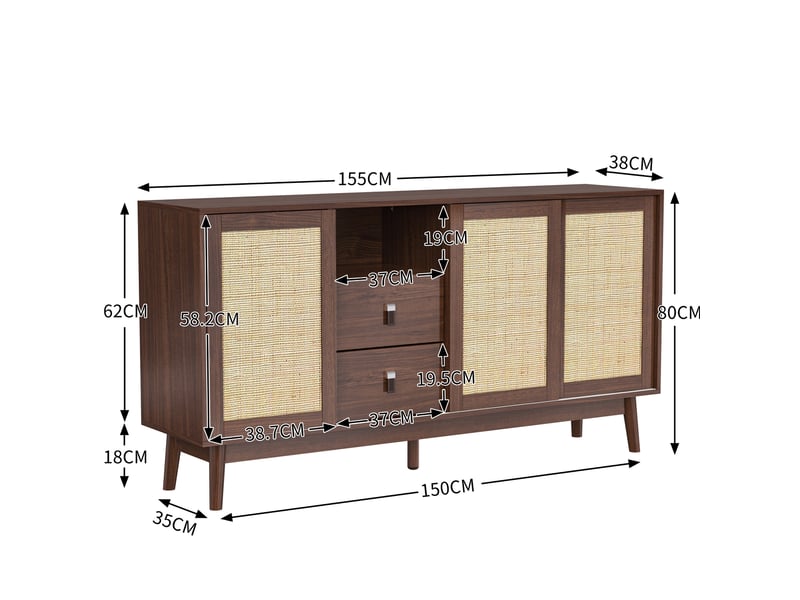 Buffet 3 portes coulissantes en rotin et 2 tiroirs, 155x38x80 cm, bois foncé - Conforama C
