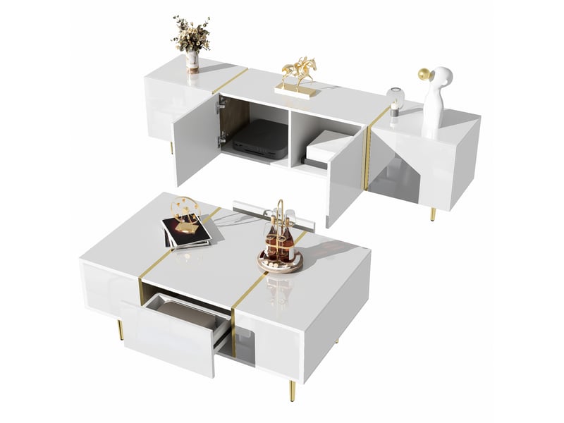  Ensemble meuble tv et table basse blanc brillant – mdf, accents dorés – 170 cm et 100 cm  - Conforama A