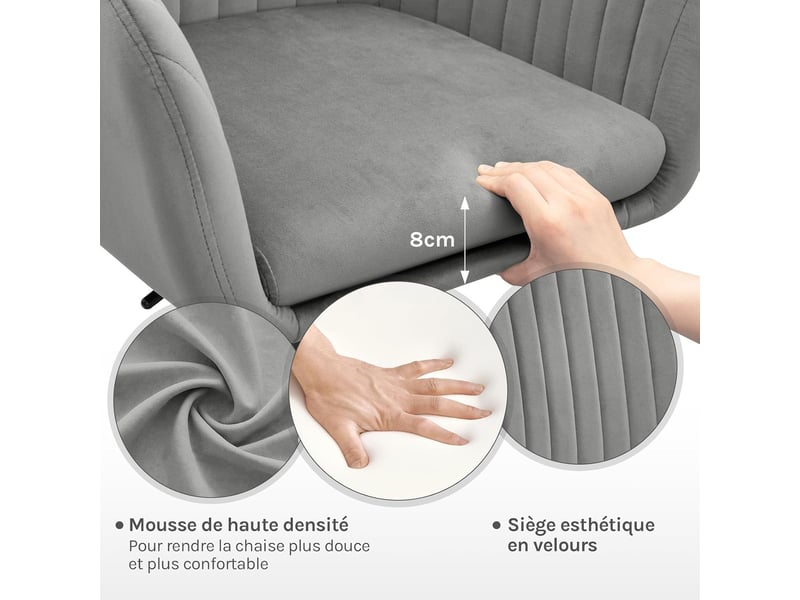  Chaise de bureau en velours, gris clair, fauteuil pivotant ergonomique, siège rembourré  - Conforama C
