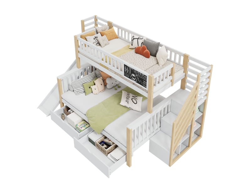  Lit superposé enfant avec toboggan 140x200 et 90x200 - rangement et escalier - bois massif blanc  - Conforama A
