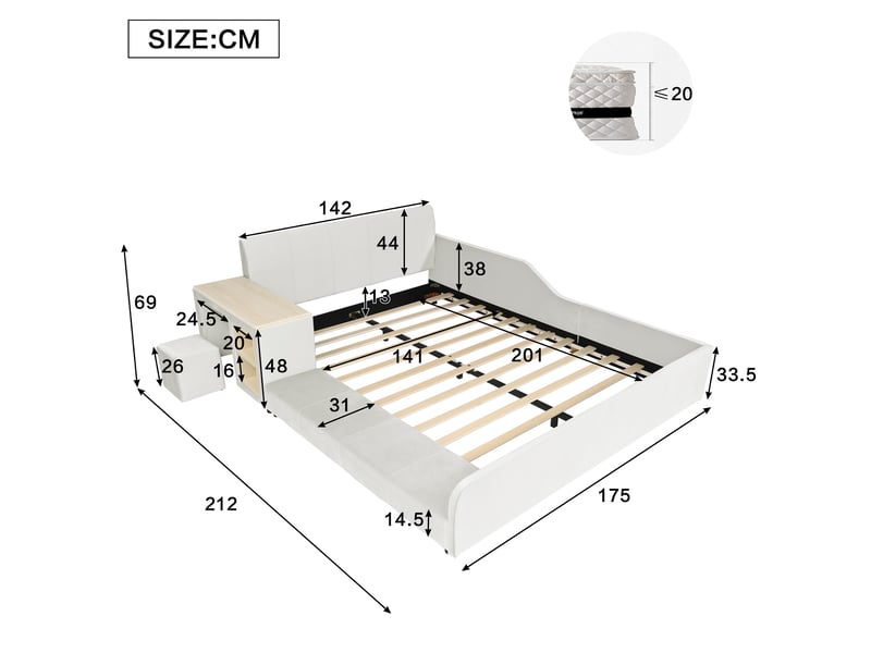  Lit enfant rembourré avec bureau et tabouret en velours blanc 140 x 200 cm  - Conforama E
