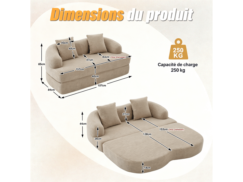  Canapé d'angle 2-en-1, 2 places, avec deux coussins, canapé-lit, 157 x 84 x 65 cm, beige  - Conforama C