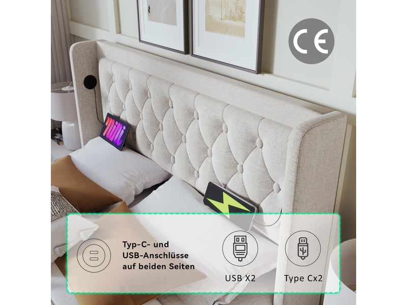  Lit coffre beige 160x200 avec led 3 côtés et ports usb  - Conforama E