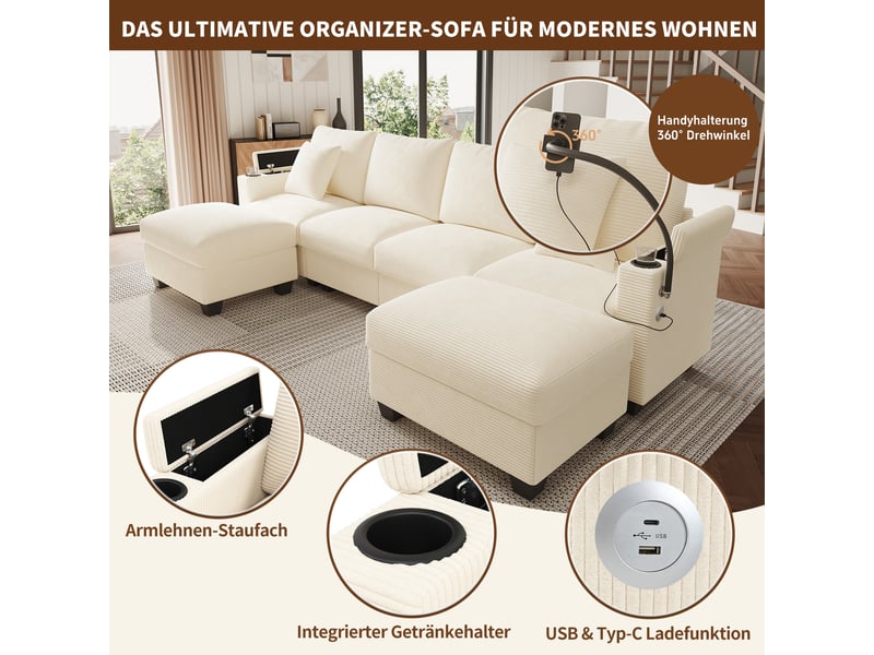  Canapé d'angle, canapé convertible, en velours tricoté, beige, usb, pour salon, appartement, chambre  - Conforama E