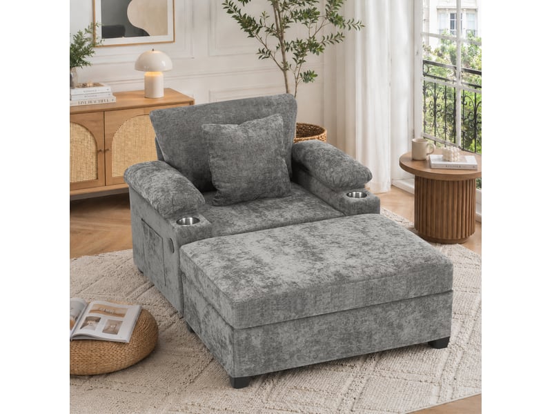  Fauteuil convertible modenvie en tissu chenille gris avec repose-pieds pivotant à 90°, porte-gobelet, rangements et fonction usb, 98 x 148 x 83 cm  - Conforama B