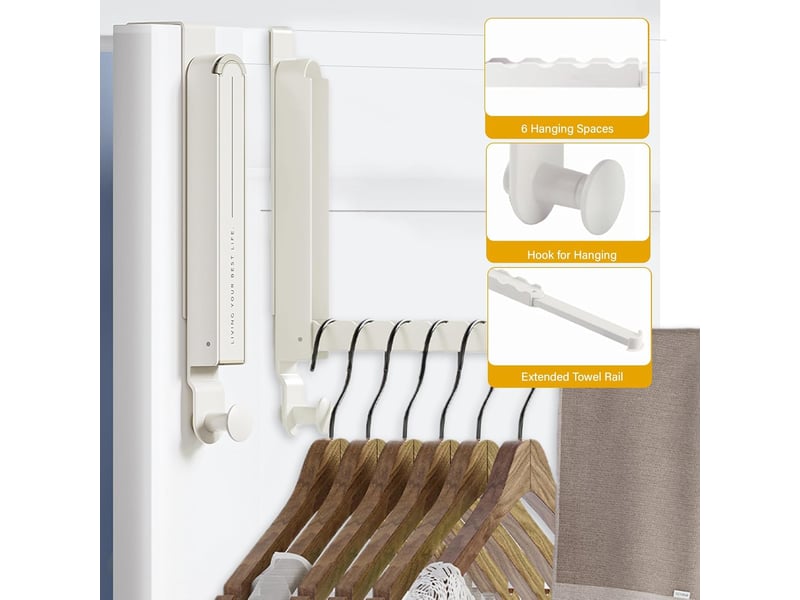  Lot de 2 porte-manteau pliable pour porte, crochet de sans percage, extensible et antidérapant, économie d'espace pour salle de bain, chambre, beige  - Conforama D