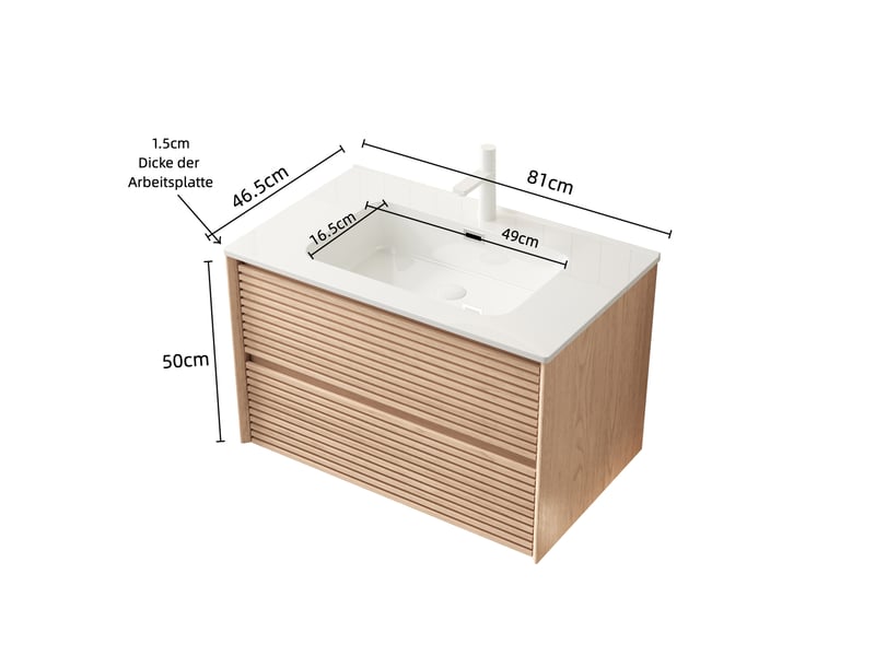  Meuble sous vasque avec 2 tiroirs, fermeture douce et vasque céramique pour salle de bain 81×46,5×51,5 cm blanc noyer  - Conforama D