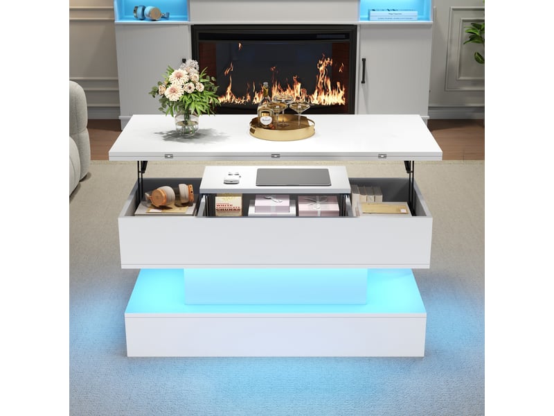  Table basse relevable blanche avec prises et usb, extensible 100x100 cm, led intégrée  - Conforama D
