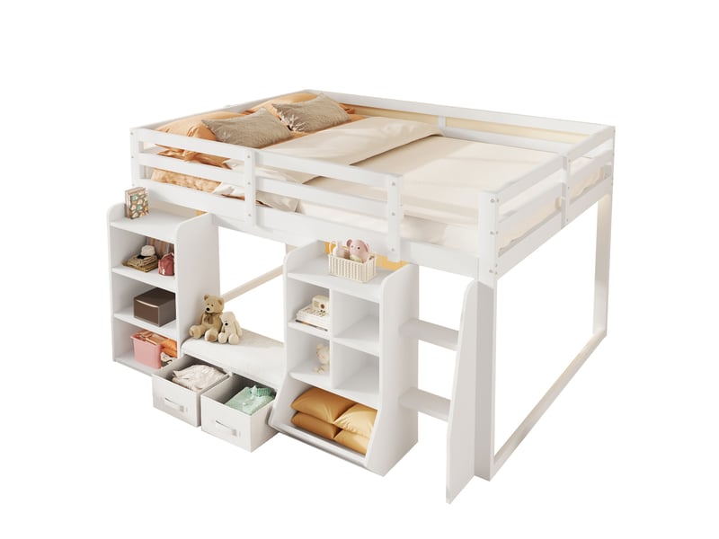 Lit mezzanine 140x200 cm, lit combiné, tiroirs de rangement, rangements intégrés, design moderne, charge maximale 250 kg, bois blanc OPULERANE TRADING LTD - Conforama A