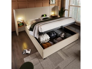 Lit double 180x200 cm – chevet intégré, lampe tactile, ports usb-c, coffre et sommier bois métal