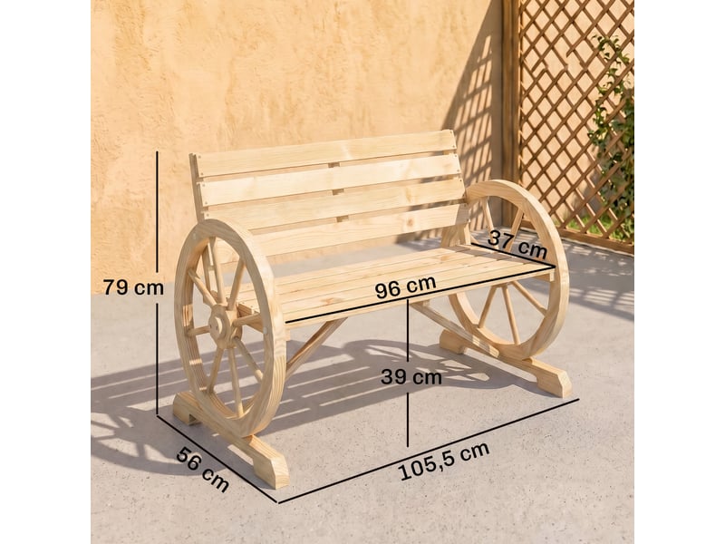 Banc de jardin banc 3 places en bois style rustique chic accoudoirs roues charette bois sapin effet bois naturel - Conforama E