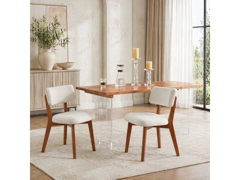  Lot de 2 chaises de salle à manger style mid-century moderne beige en tissu avec pieds en bois  - Conforama D