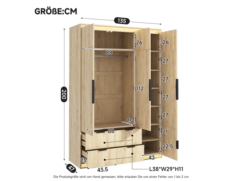  Armoire 135 x 47 x 200 cm avec 3 portes, miroir, éclairage led, 1 penderie, 4 tiroirs et 7 compartiments, grand meuble moderne pour chambre - anthracitechêne OPULERANE TRADING LTD - Conforama D