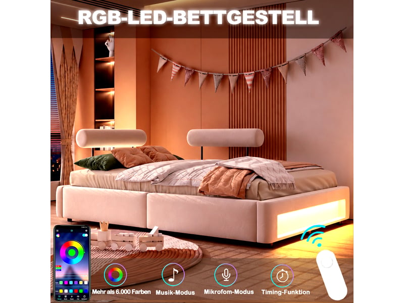 Lit capitonné 140x200 cm avec 2 dossiers réglables 4 positions, éclairage led, velours, beige - Conforama C
