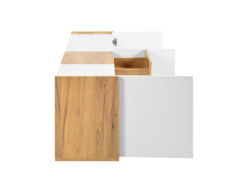 Meuble tv mural blanc et bois suspendu 171 cm, 3 portes et 3 tiroirs, étagères réglables, installation au sol ou murale  - Conforama E