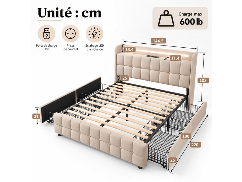 Lit double rembourré 140 x 200 cm, tête de lit led, 2 usb + 2 prises, 4 tiroirs, sommier à lattes, matelas h3 inclus, beige - Conforama C