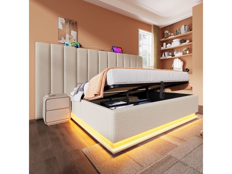  Lit coffre double 180 × 200 cm avec led réglable, 3 usb et type-c, matelas h3 inclus, en lin beige  - Conforama C